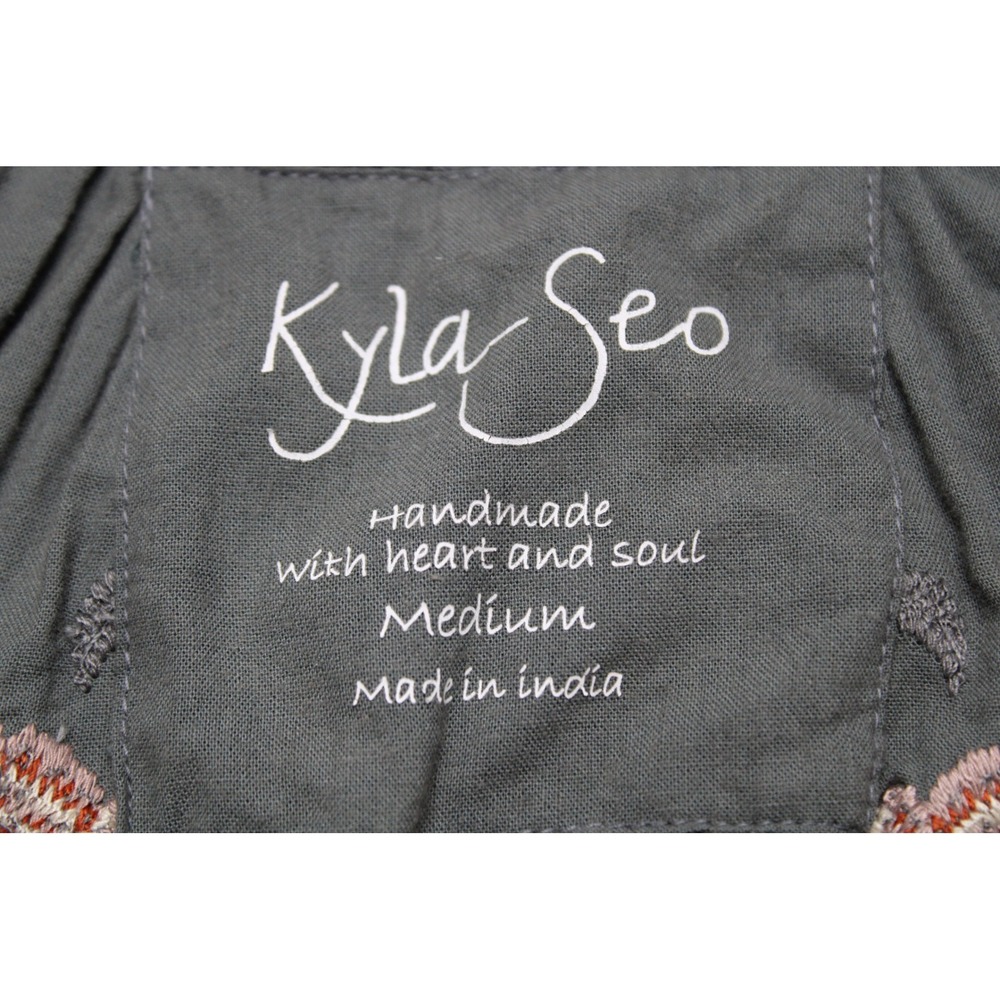 Kyla Seo Embroidered Cotton Tassel Boho Blouse Grey Striped M Boho-Chic - Picture 3 of 8